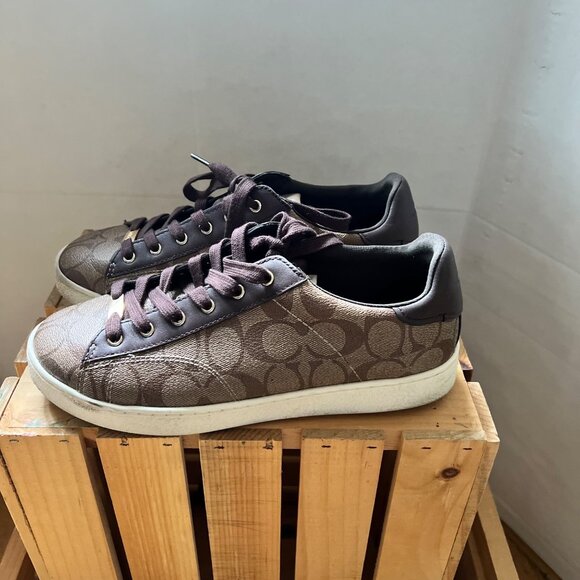 Coach Size 9.5 Khaki Mahogany C126 Low Top Signature Coated Canvas Sneaker Shoes - Picture 13 of 16